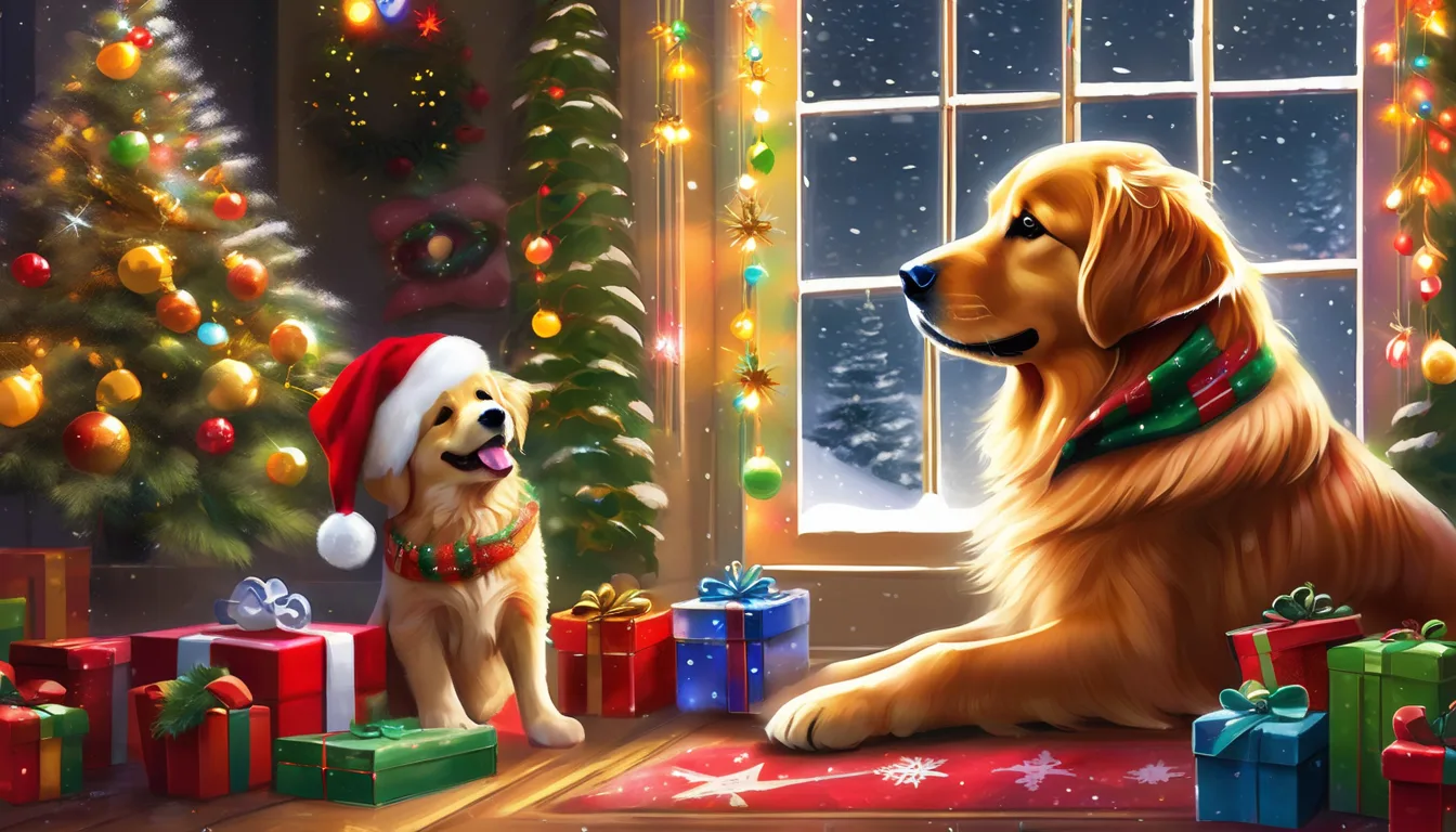 Golden retrievers sit by a decorated Christmas tree, surrounded by colorful gifts, with one puppy wearing a Santa hat.