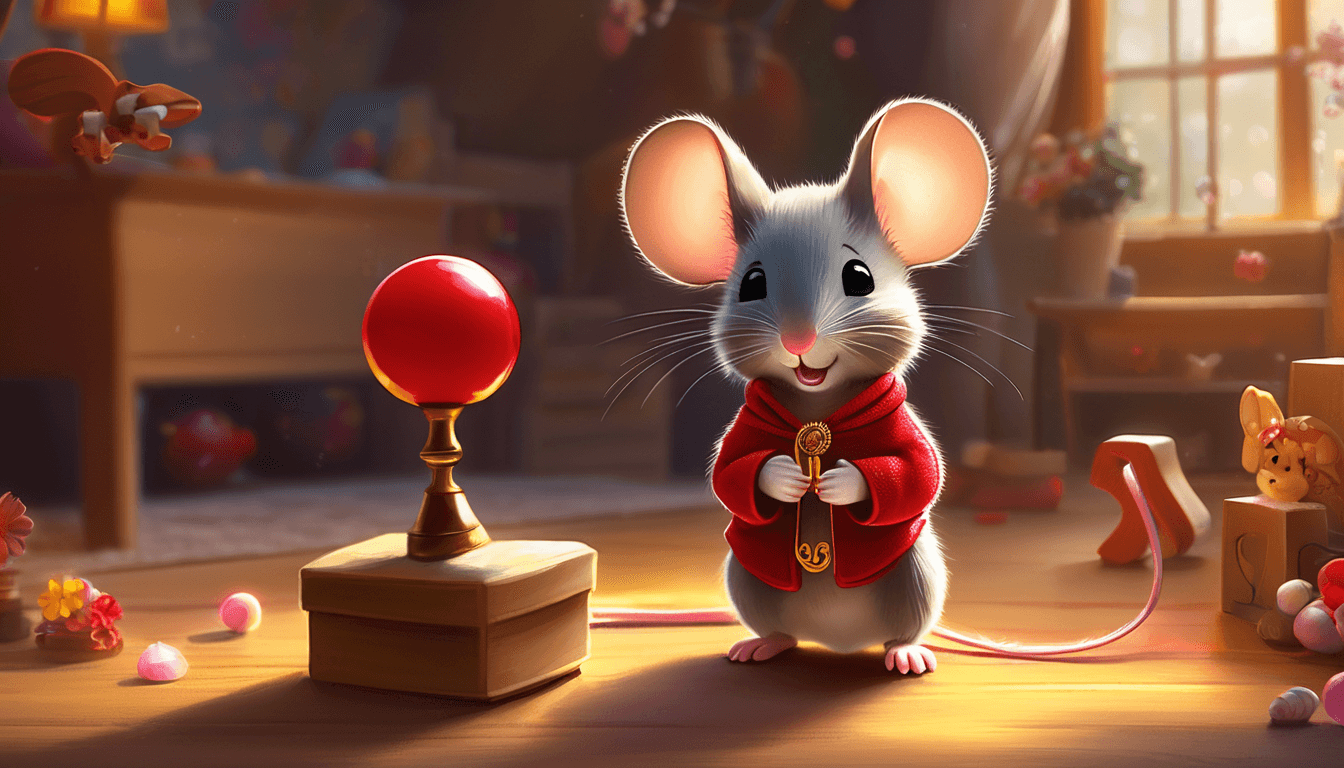 A cute cartoon mouse in a red robe stands in a cozy room, holding a small gold coin, next to a red ball on a pedestal.