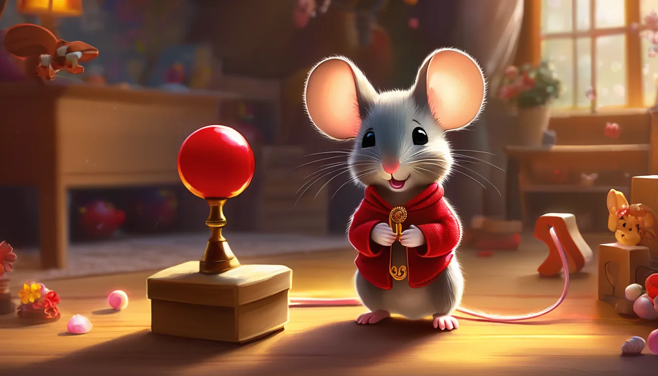 A cute cartoon mouse in a red robe stands in a cozy room, holding a small gold coin, next to a red ball on a pedestal.
