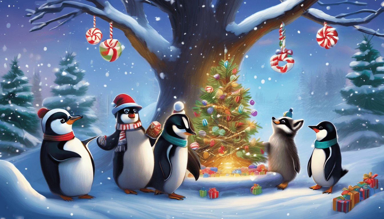 Five cheerful penguins in winter attire gather around a colorful Christmas tree in a snowy landscape, adorned with candy canes and surrounded by presents.