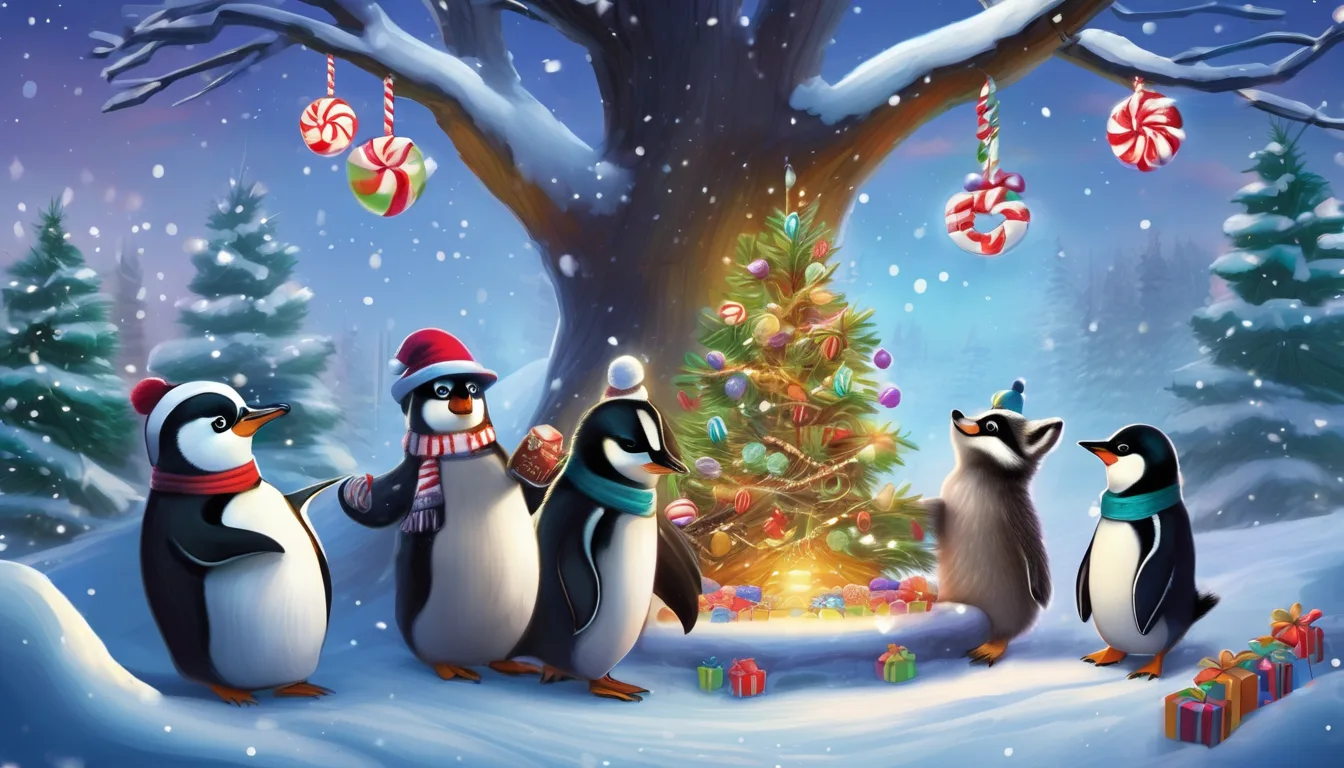 Five cheerful penguins in winter attire gather around a colorful Christmas tree in a snowy landscape, adorned with candy canes and surrounded by presents.