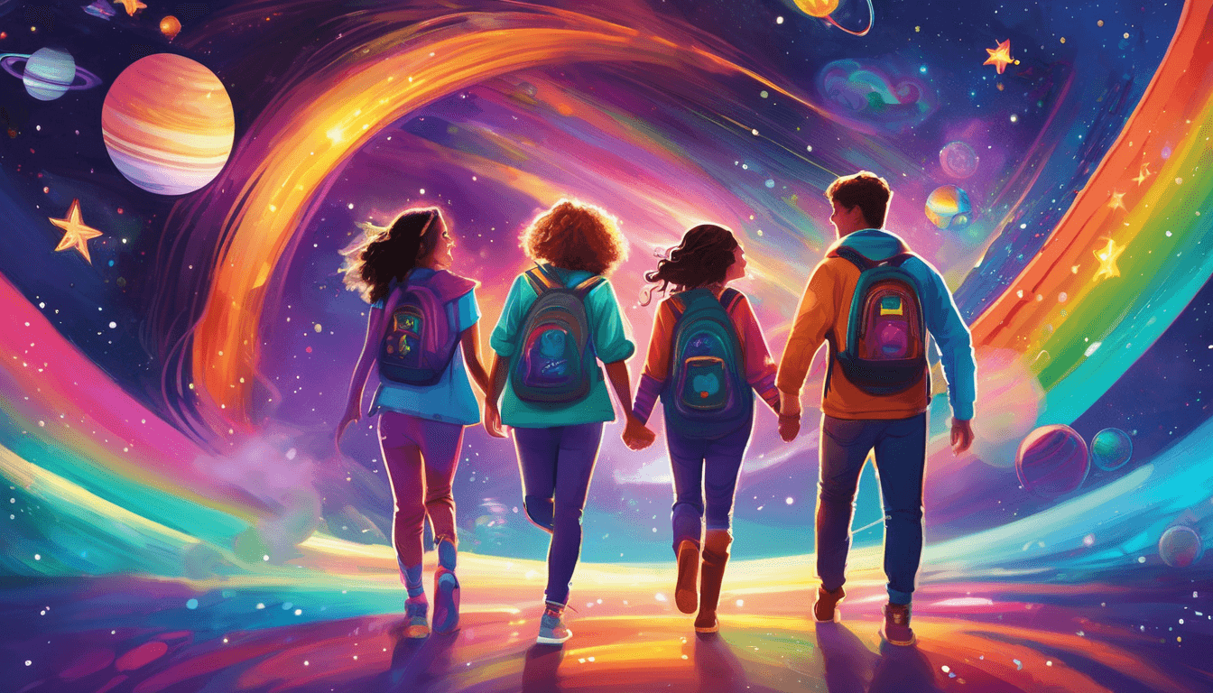 Four friends with glowing shoes bouncing on Saturn's rings under twinkling stars.