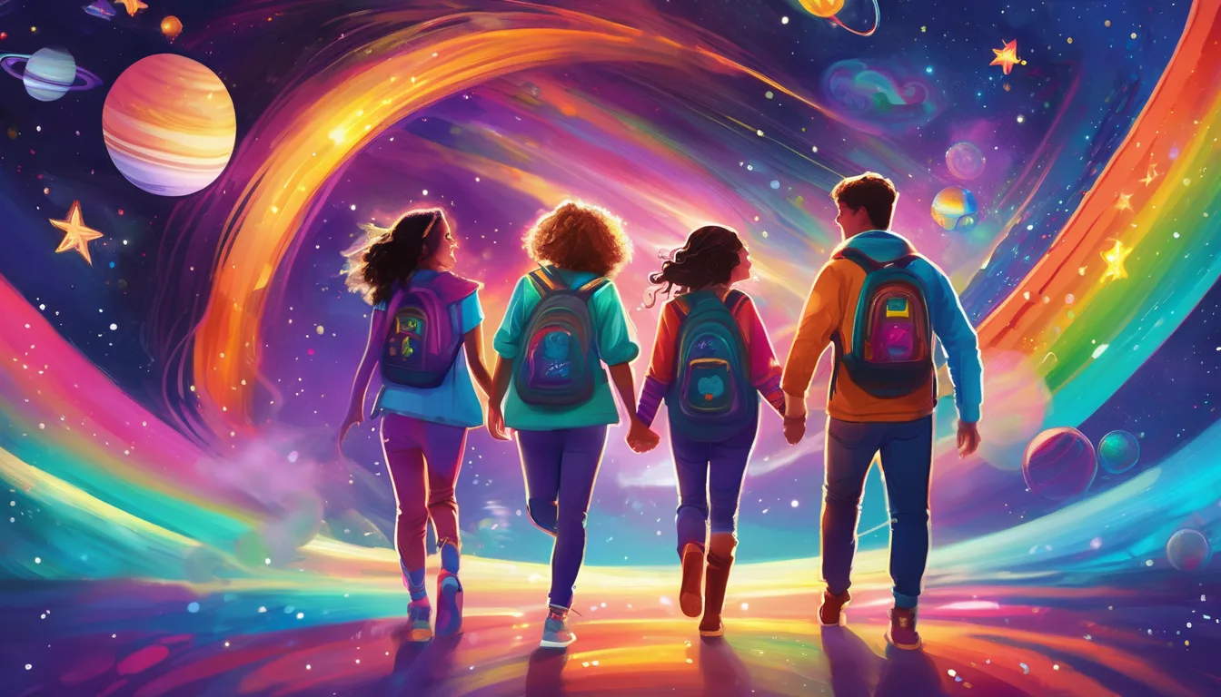 Four friends with glowing shoes bouncing on Saturn's rings under twinkling stars.