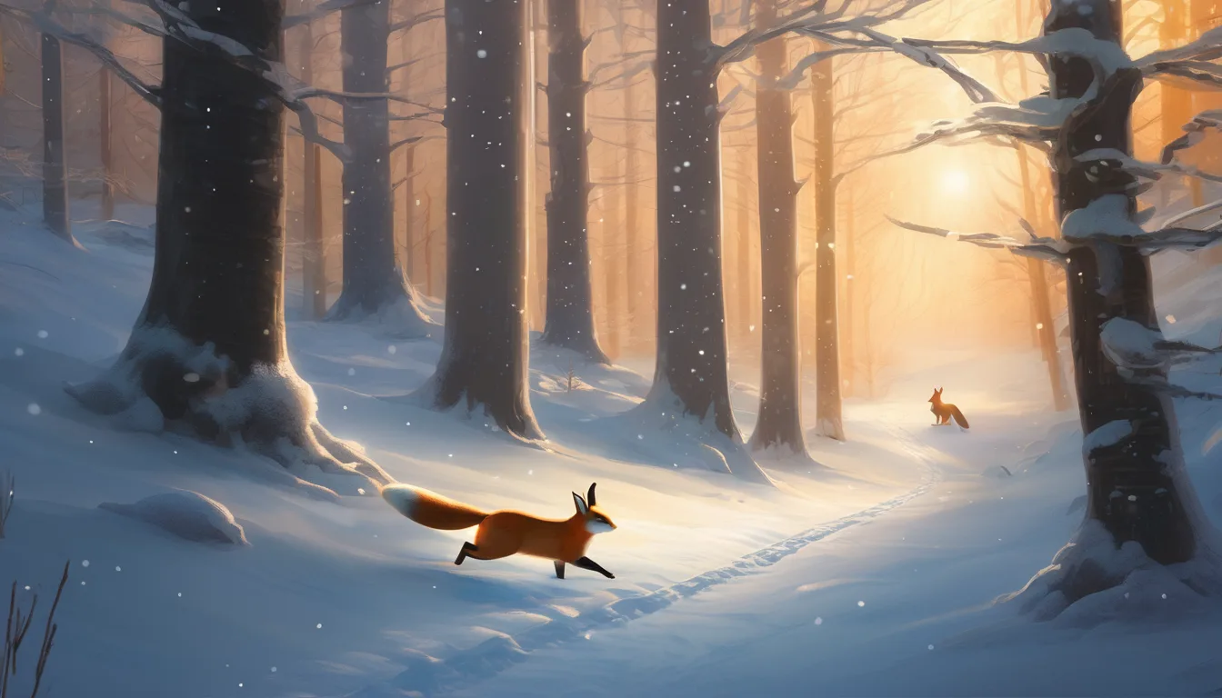 Two foxes playfully run through a snow-covered forest, with soft sunlight filtering through the trees.