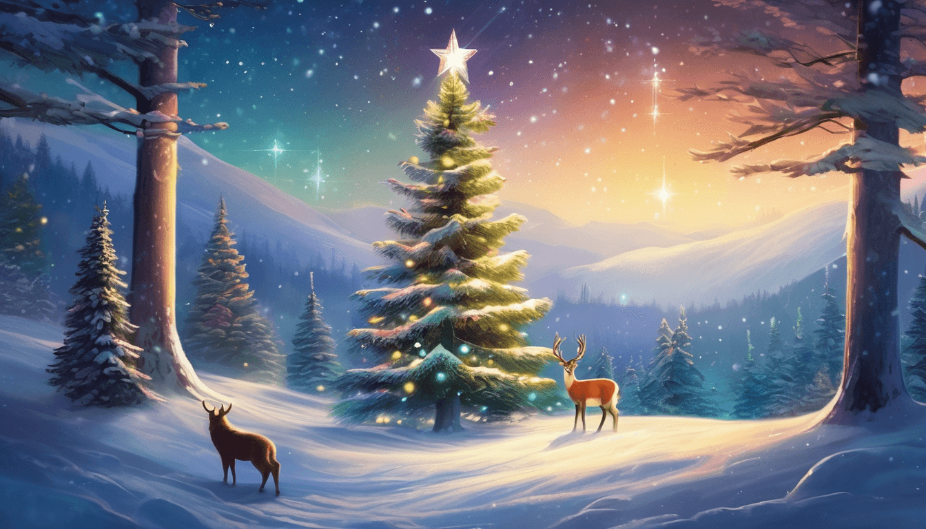 A serene winter landscape featuring a decorated Christmas tree illuminated by a star, surrounded by snow-covered hills and two deer.