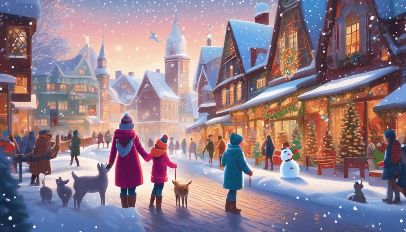 A festive winter scene featuring a snow-covered village street illuminated by colorful lights, with families walking, children building a snowman, and pets exploring amidst falling snowflakes.