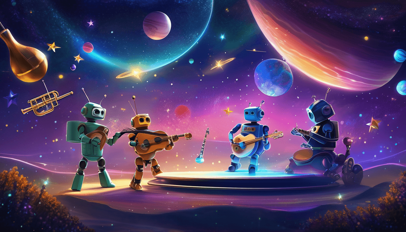 Four robots play glowing instruments on a floating stage among stars, galaxies, and cosmic creatures.