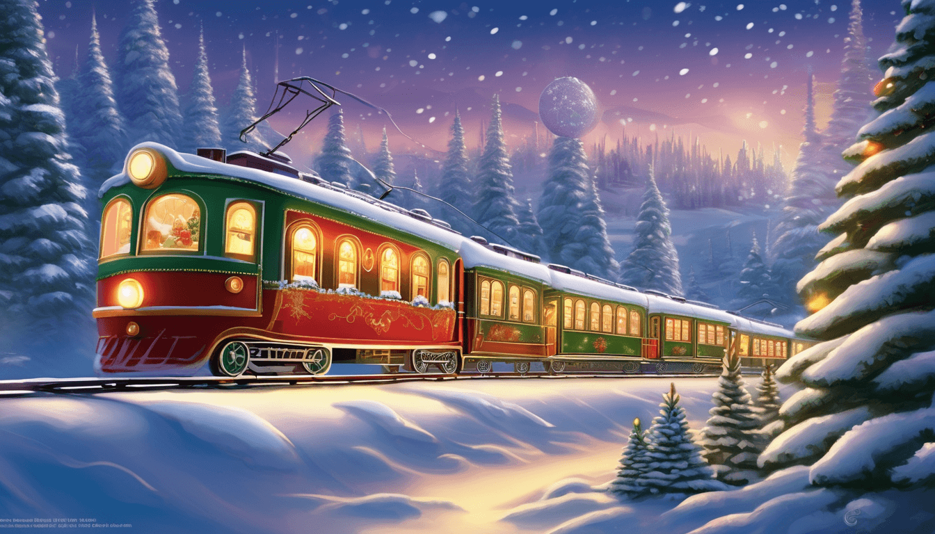 A festive vintage train traveling through a snowy landscape, surrounded by evergreen trees, under a starry sky.