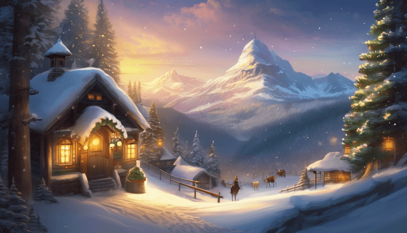 Cozy cabin surrounded by snow-covered trees and mountains at sunset, with warm lights glowing from the windows.
