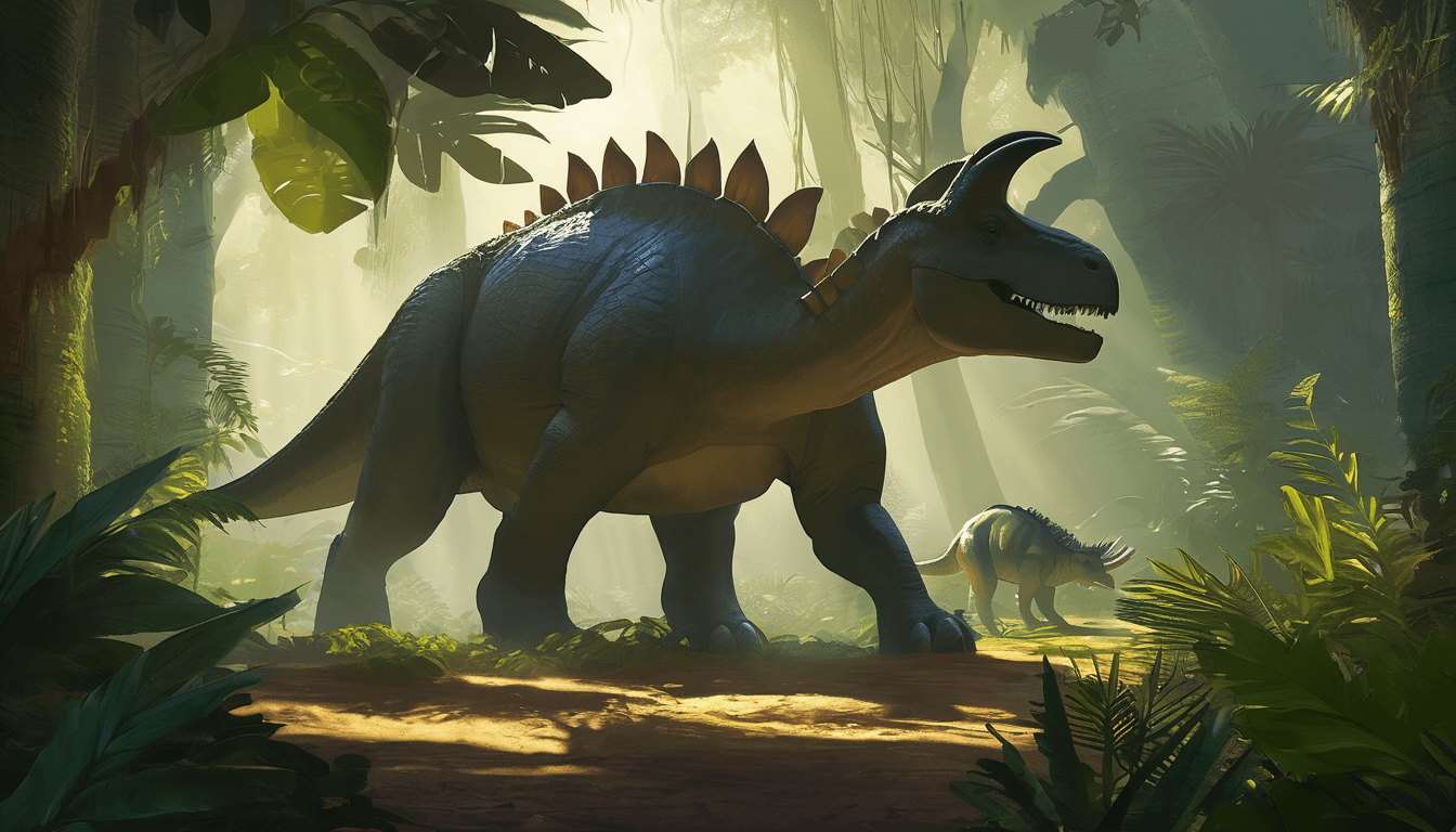 Three dinosaurs—Triceratops, small dinosaur, and Ankylosaurus—stand together in a sunlit ancient jungle.