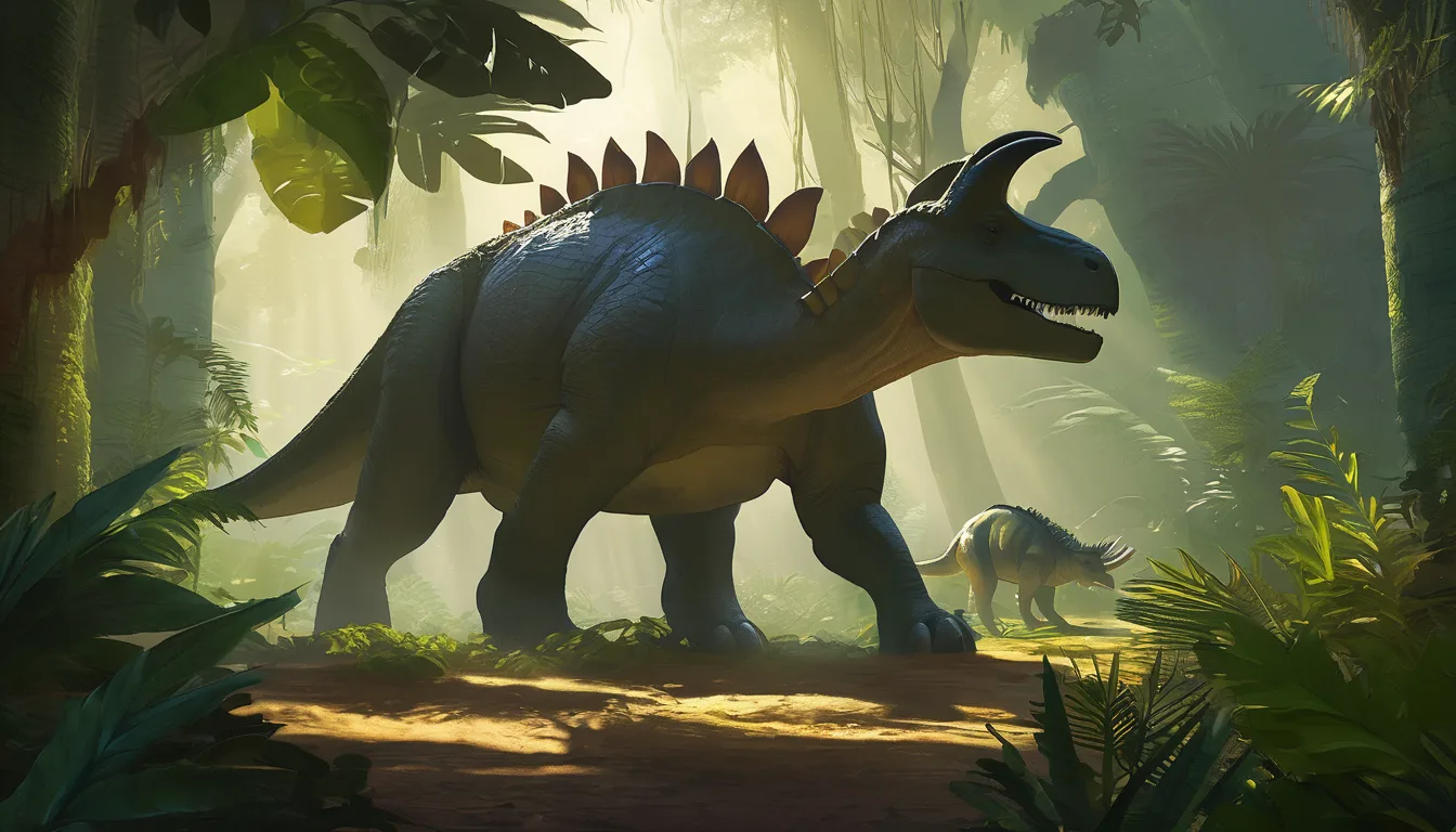 Three dinosaurs—Triceratops, small dinosaur, and Ankylosaurus—stand together in a sunlit ancient jungle.