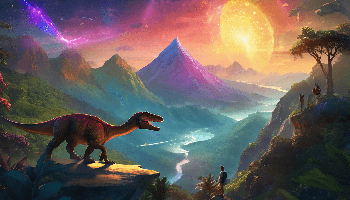 Colorful dinosaurs on a glowing platform lifted by a magic bubble into a starry sky above a prehistoric landscape.