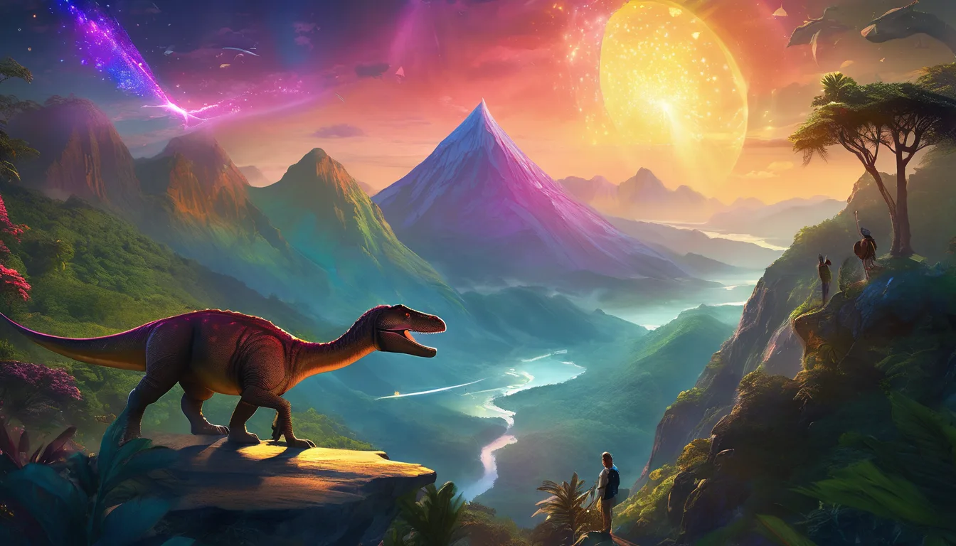 Colorful dinosaurs on a glowing platform lifted by a magic bubble into a starry sky above a prehistoric landscape.