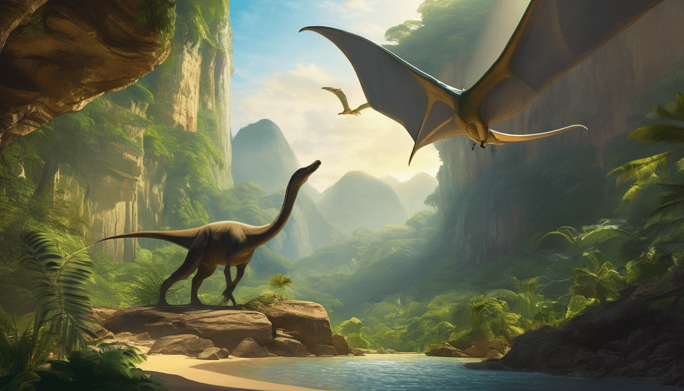 A dinosaur and pterosaur exploring a sunlit, lush valley with ancient carvings.