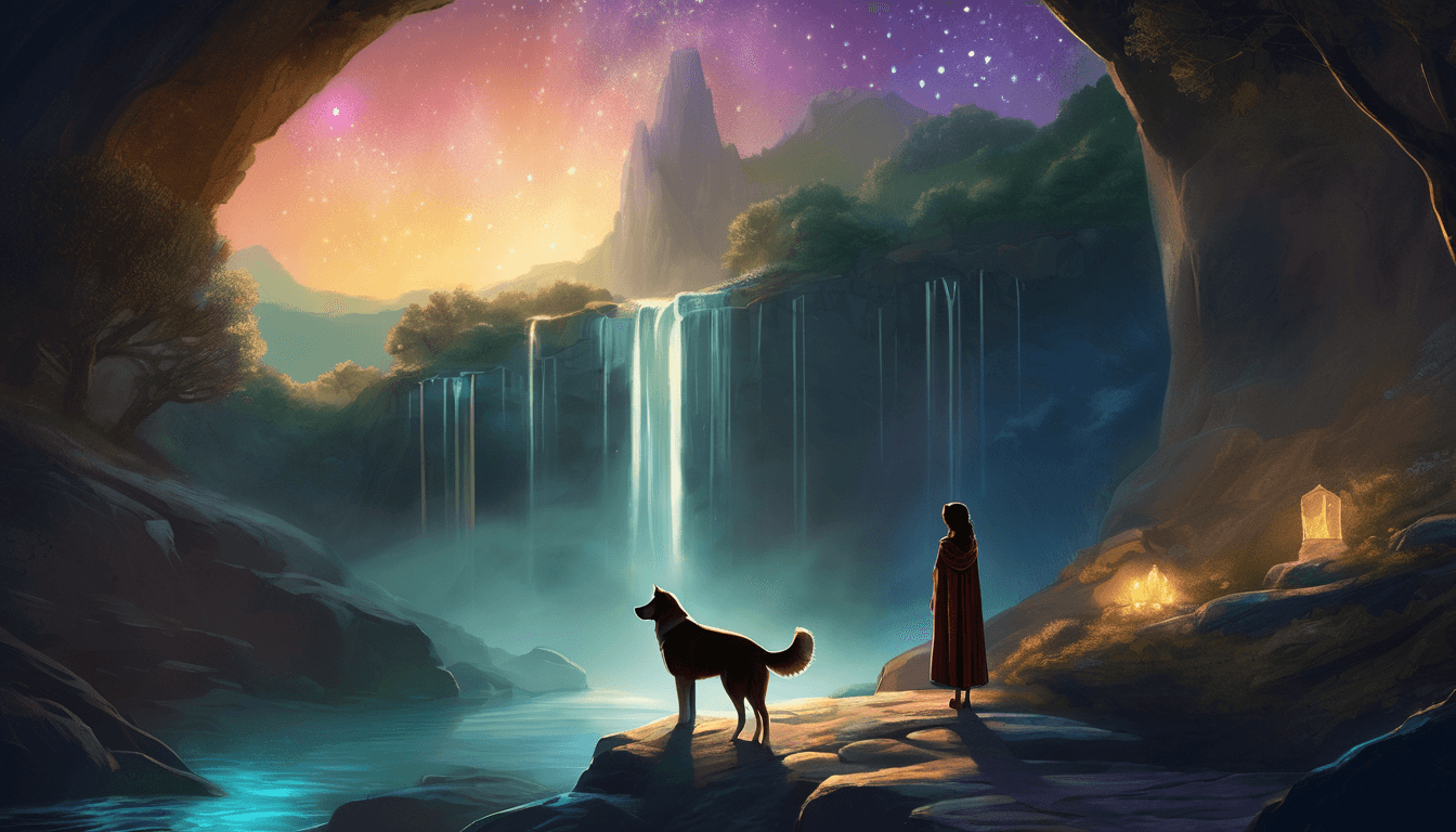 A princess with a dog holds a map at a glowing cave entrance under a starry sky.