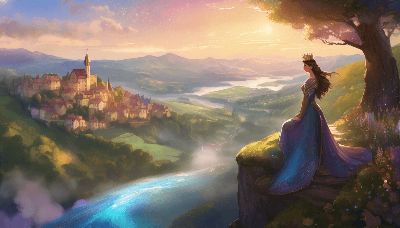 A crowned figure in a gown holds a journal, overlooking a magical kingdom at sunset.