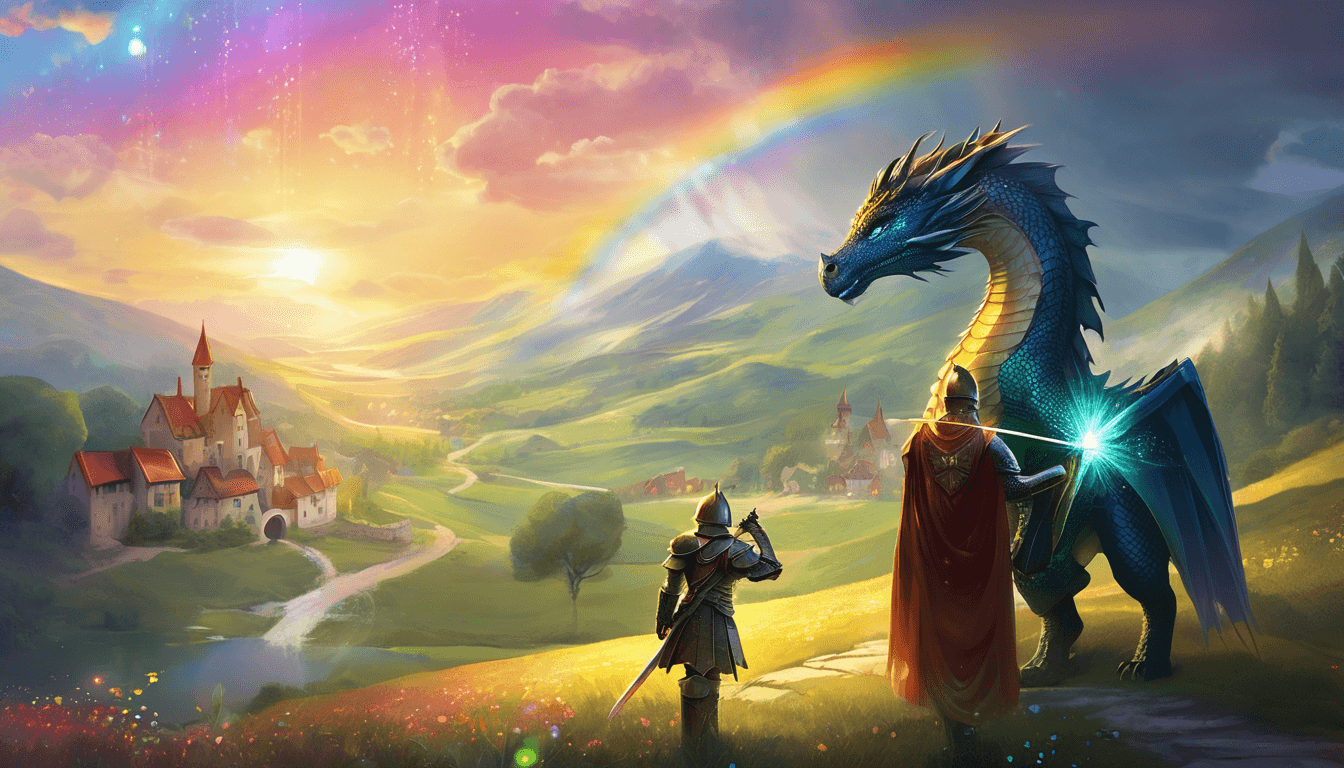 A dragon and knight hold a rainbow stone, casting light over a village.