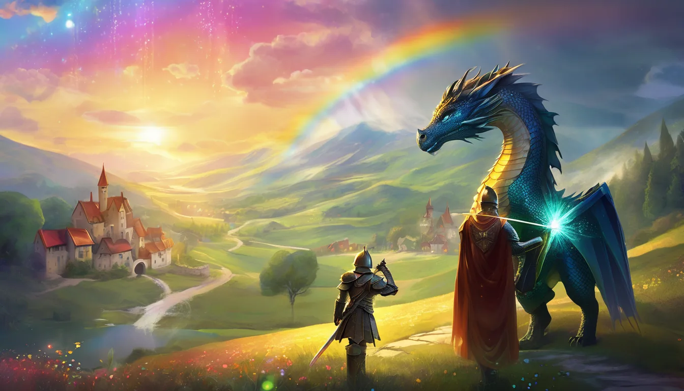 A dragon and knight hold a rainbow stone, casting light over a village.