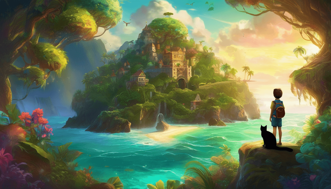 A boy and cat with a compass gaze at a magical, colorful island.