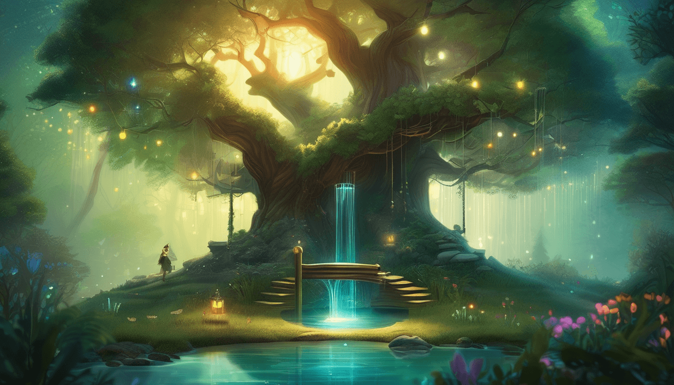 A smiling figure with a magical beard stands by a shimmering well in a twinkling forest clearing.