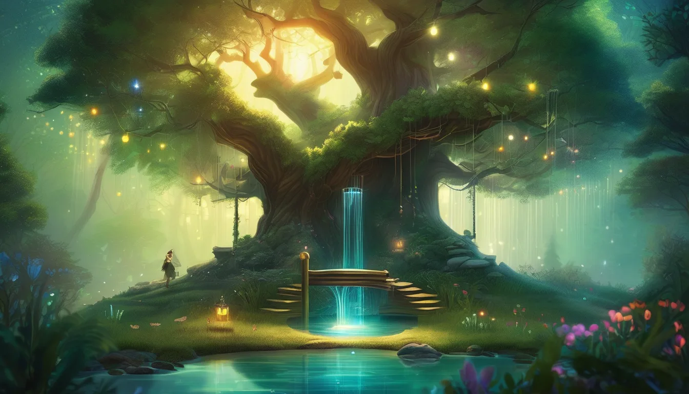 A smiling figure with a magical beard stands by a shimmering well in a twinkling forest clearing.