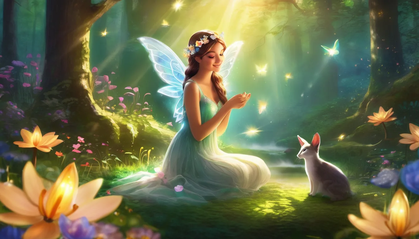 A sparkling fairy with glowing wings uses magic in a sunlit forest glade surrounded by animals and flowers.