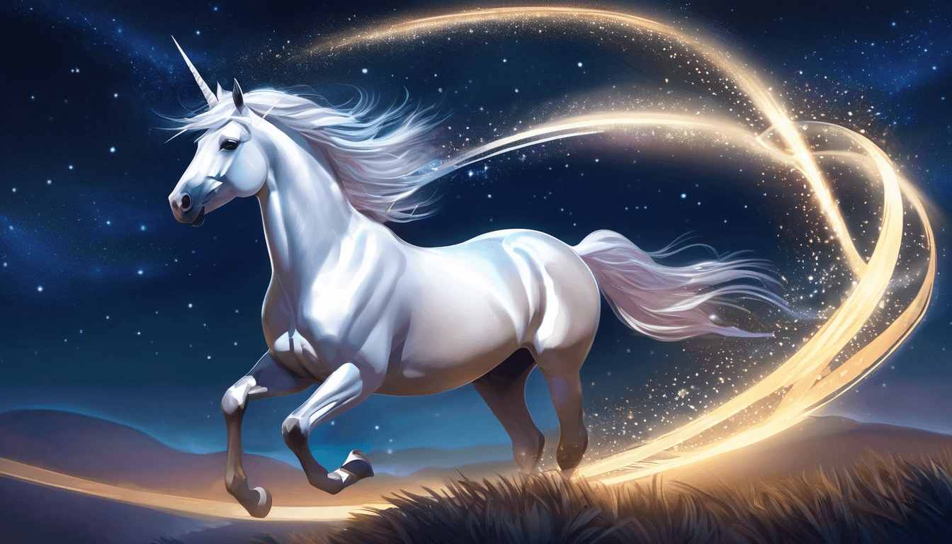 A unicorn with a glowing mane gallops across a starry night sky, trailing light.