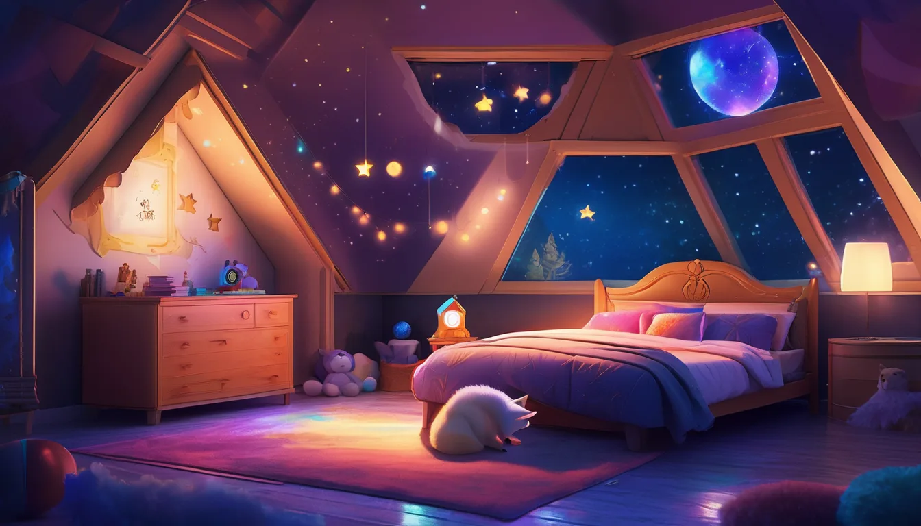 Bedroom with rocket-shaped bed, stuffed fox, glowing marble, and night sky.