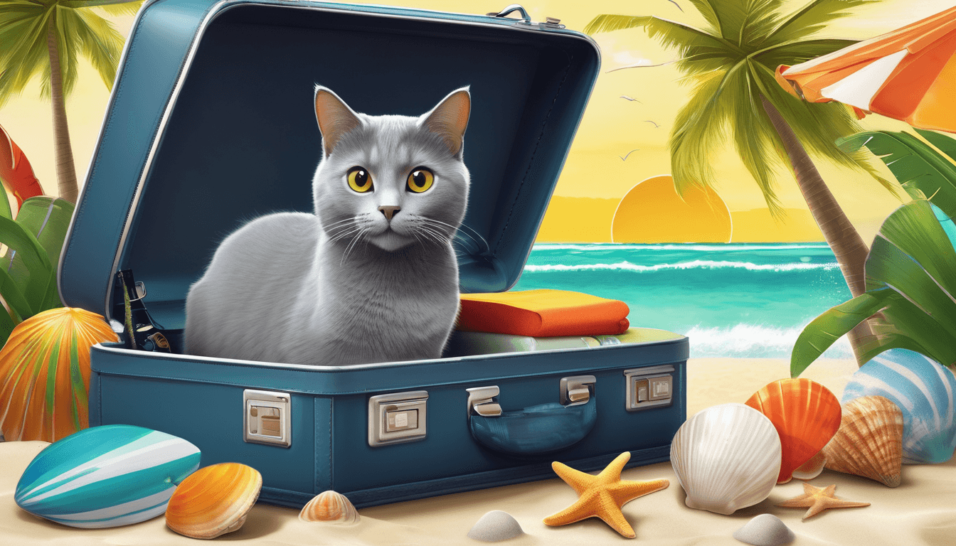 Gray cat peeking from suitcase among vacation items with palm trees outside.