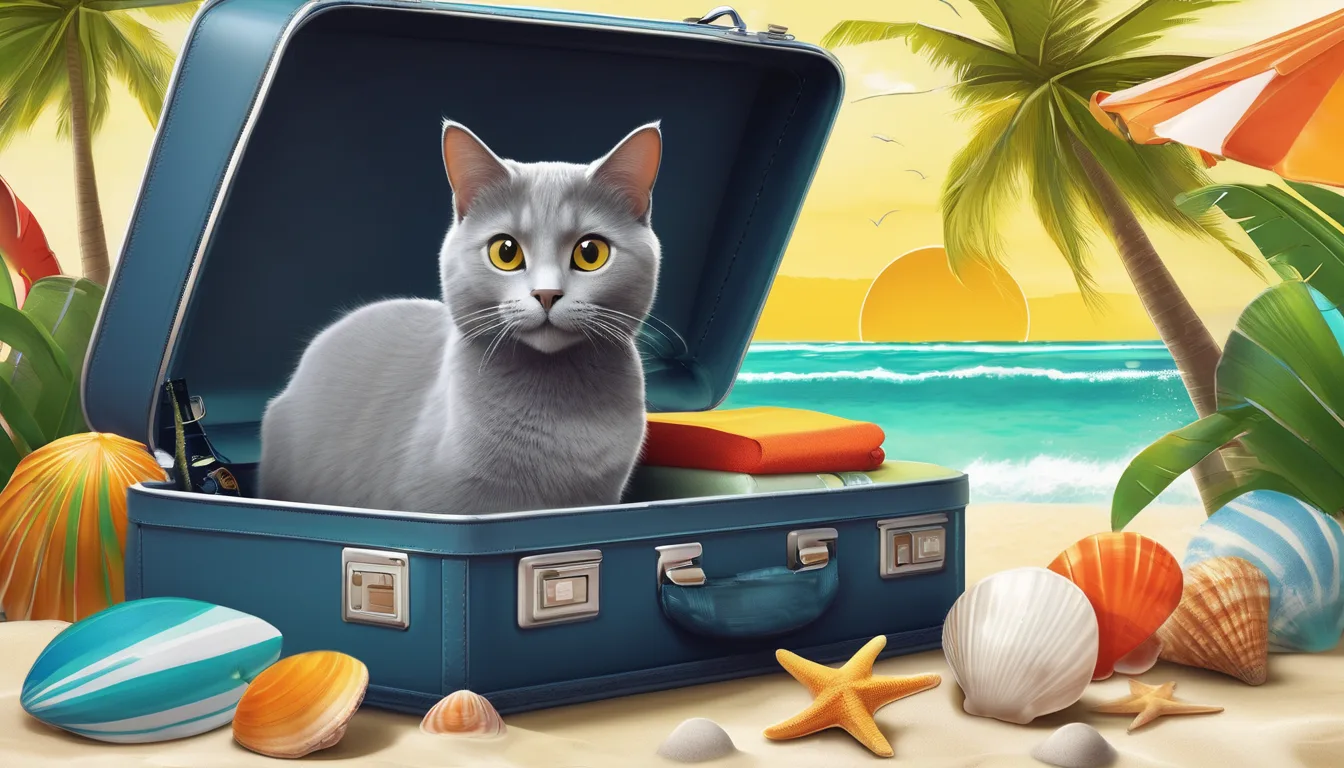Gray cat peeking from suitcase among vacation items with palm trees outside.