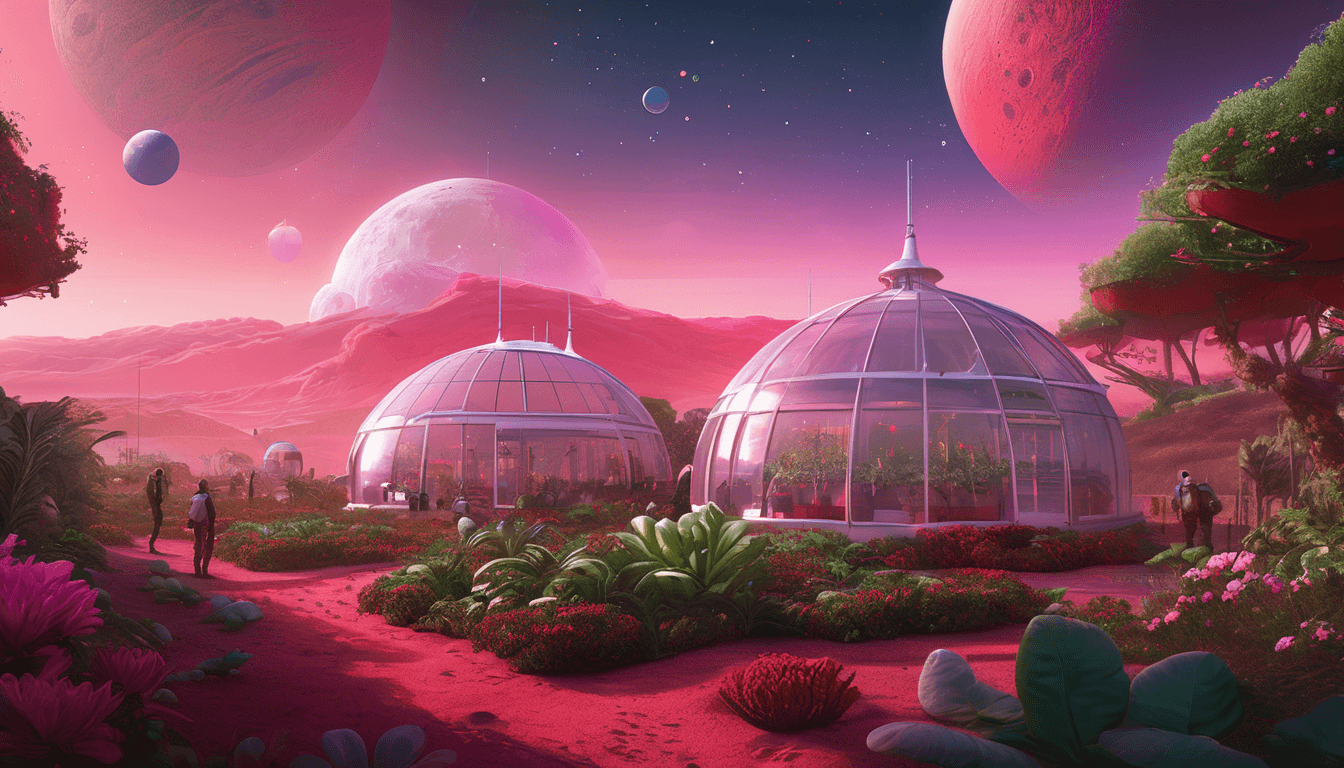 Three astronauts tending a garden in a Martian colony under a pink sky with twin moons.