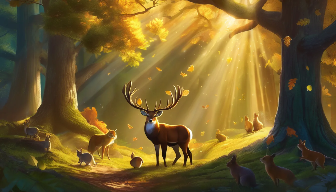 Figure with boots holding glowing acorn, surrounded by forest animals under a sunlit oak tree.