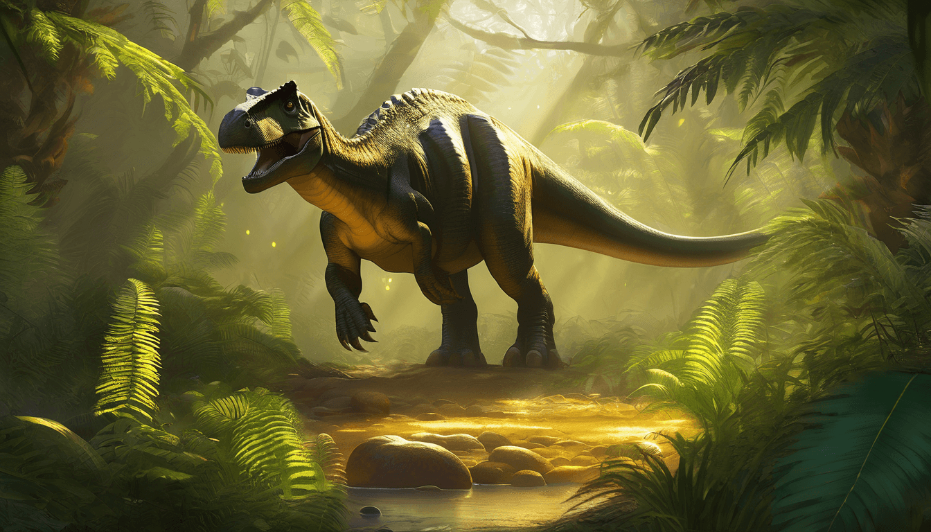 Backyard with dinosaur footprints, friendly dinosaurs, and a glowing nest of eggs.