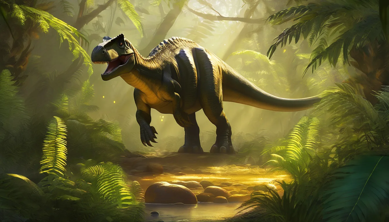 Backyard with dinosaur footprints, friendly dinosaurs, and a glowing nest of eggs.