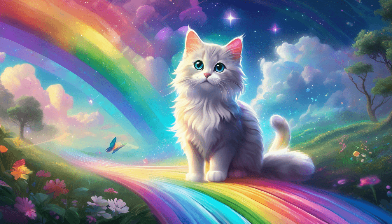 Silvery cat walking on a glowing rainbow path among magical creatures and clouds.
