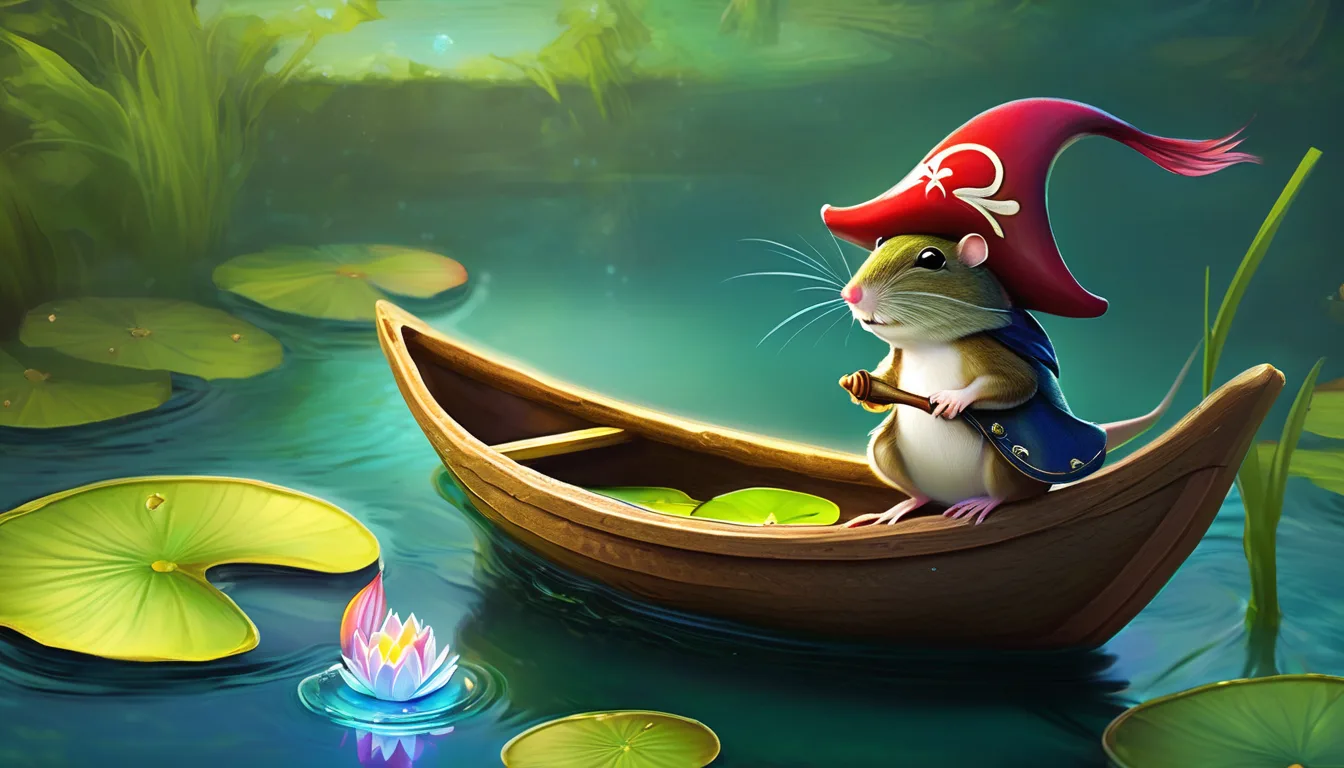 A pirate mouse sails a walnut shell boat past a frog on a pond.
