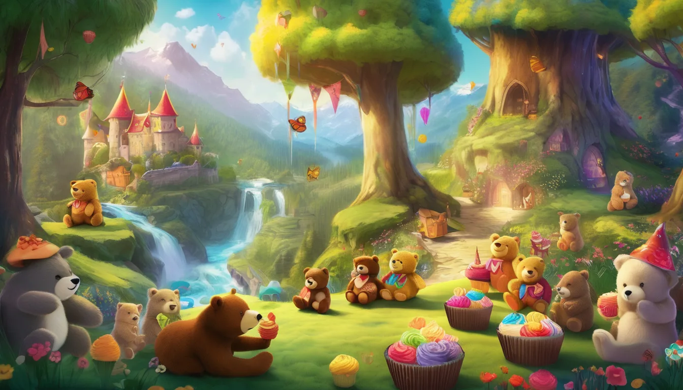 Colorful teddybears celebrating in a sunny valley with cupcakes, honey pots, and woodland animals.