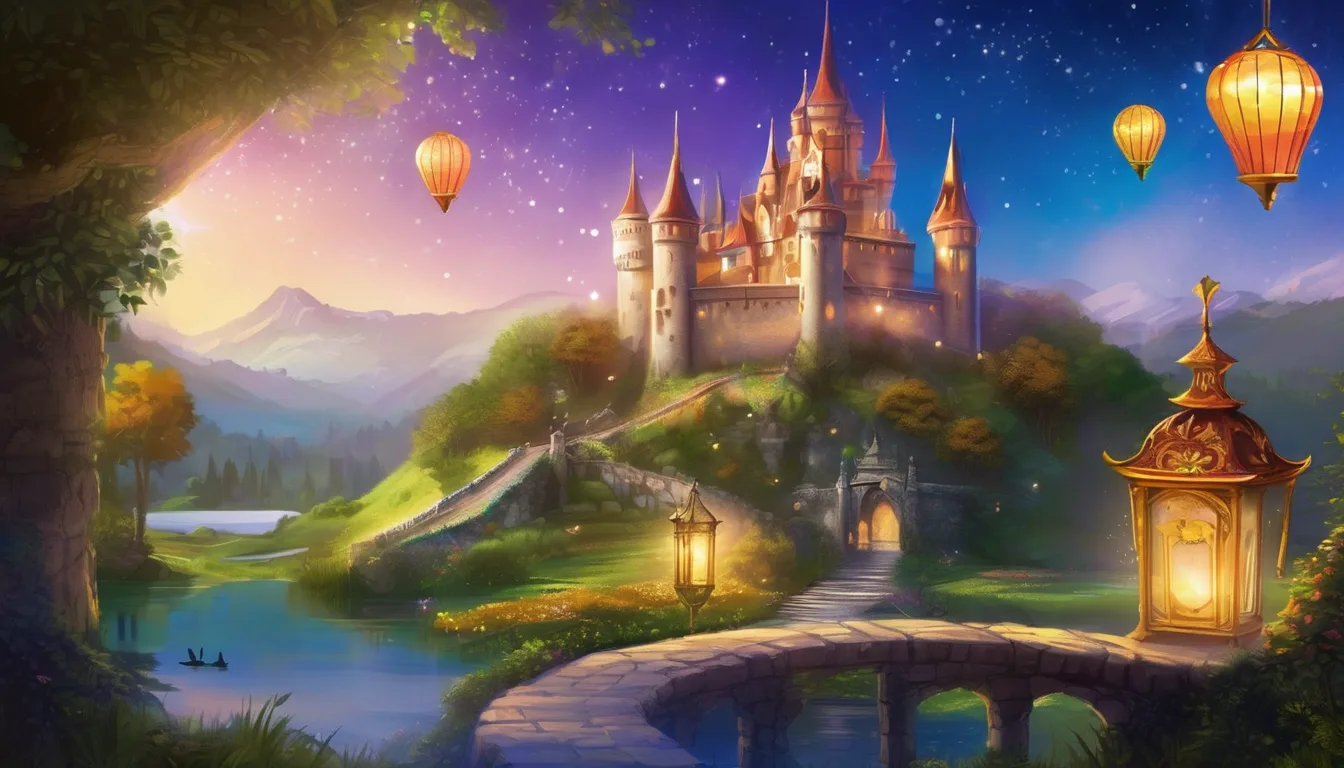 Enchanted castle by lakes with banners, animals, villagers, and glowing lanterns.