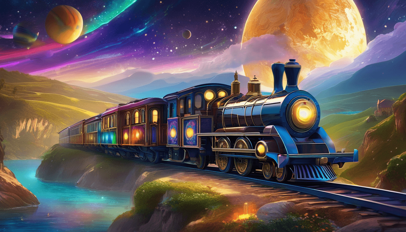 A glowing cosmic train travels through a starry sky past planets and space dolphins.