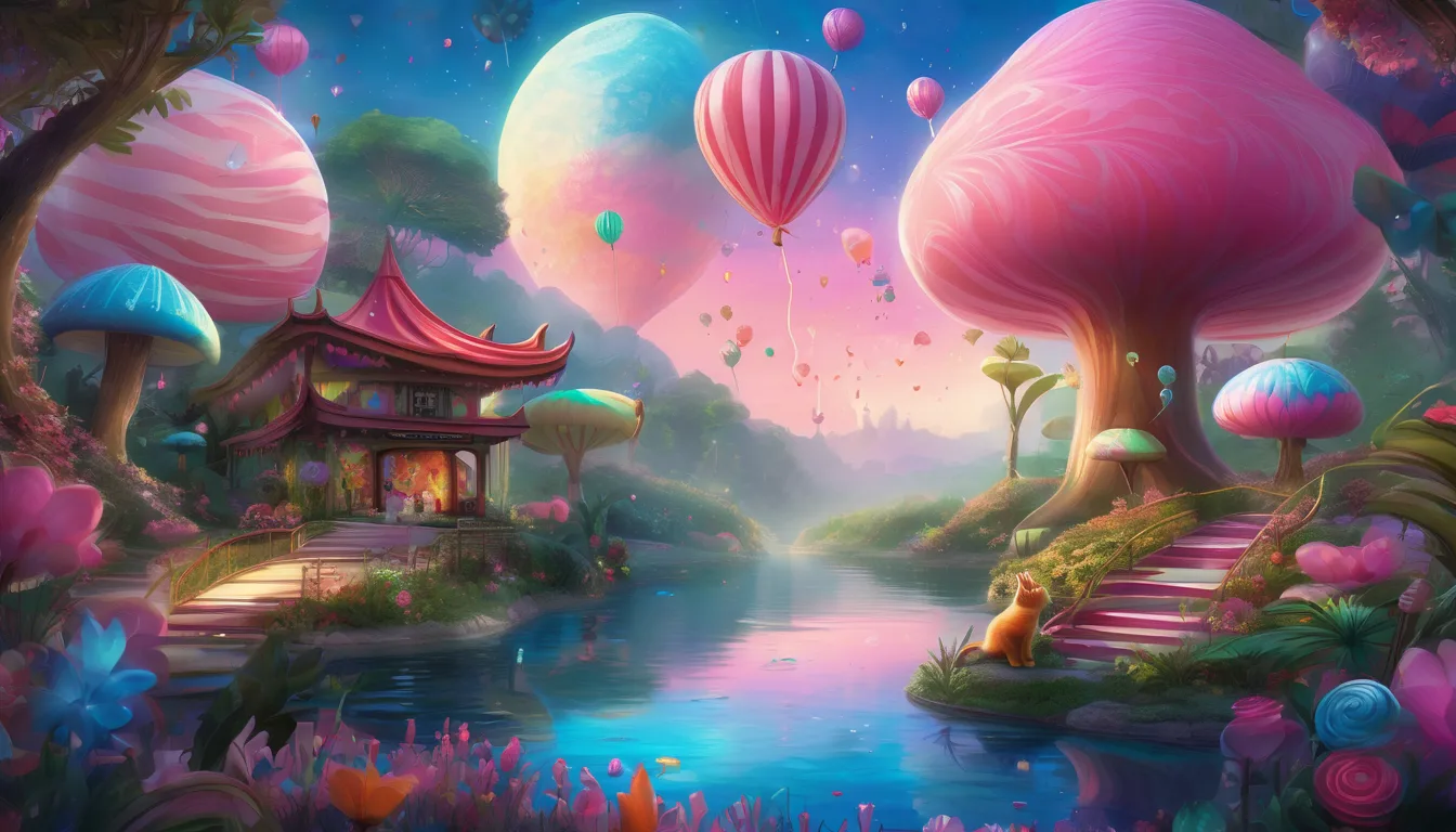 Pink cat and blue mouse walking through a candy-colored forest with oversized sweets.
