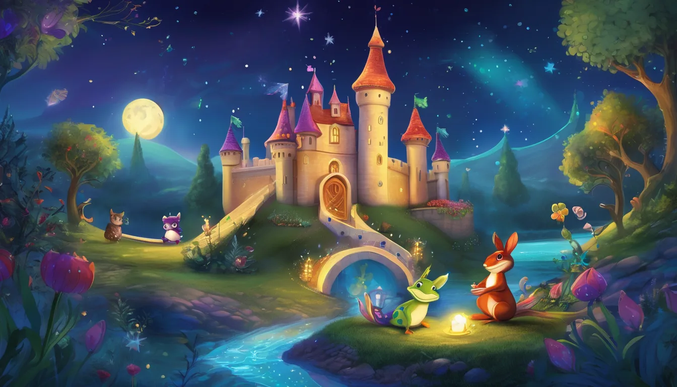 Whimsical castle with blue turrets, animals knitting, frogs playing banjos, and silly creatures in a nighttime parade.