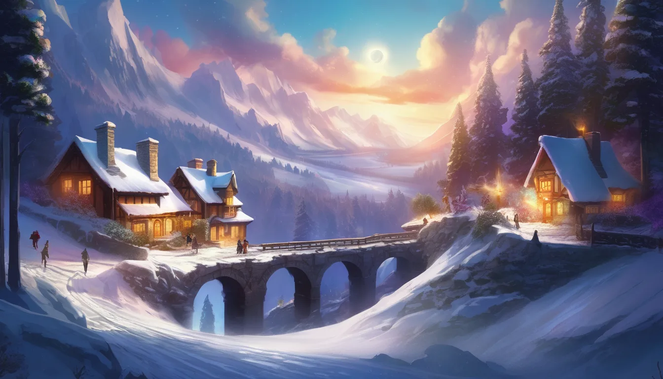 Friends meeting on a glowing bridge over a chasm in a snowy village, surrounded by magical creatures and glowing flowers.