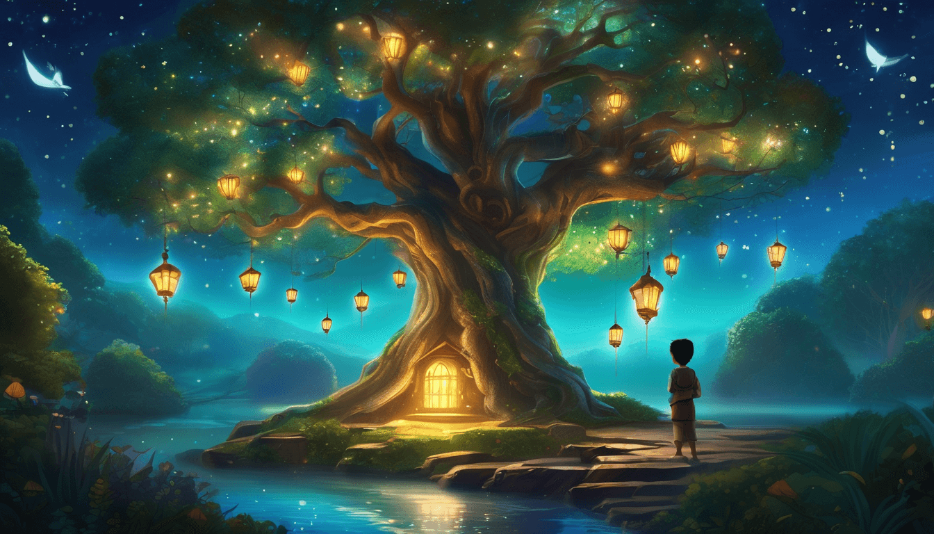 Magical towering tree with glowing branches, dream seeds, villagers, and a child climbing its luminous trunk under floating lanterns.