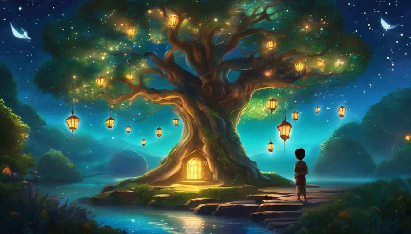 Magical towering tree with glowing branches, dream seeds, villagers, and a child climbing its luminous trunk under floating lanterns.