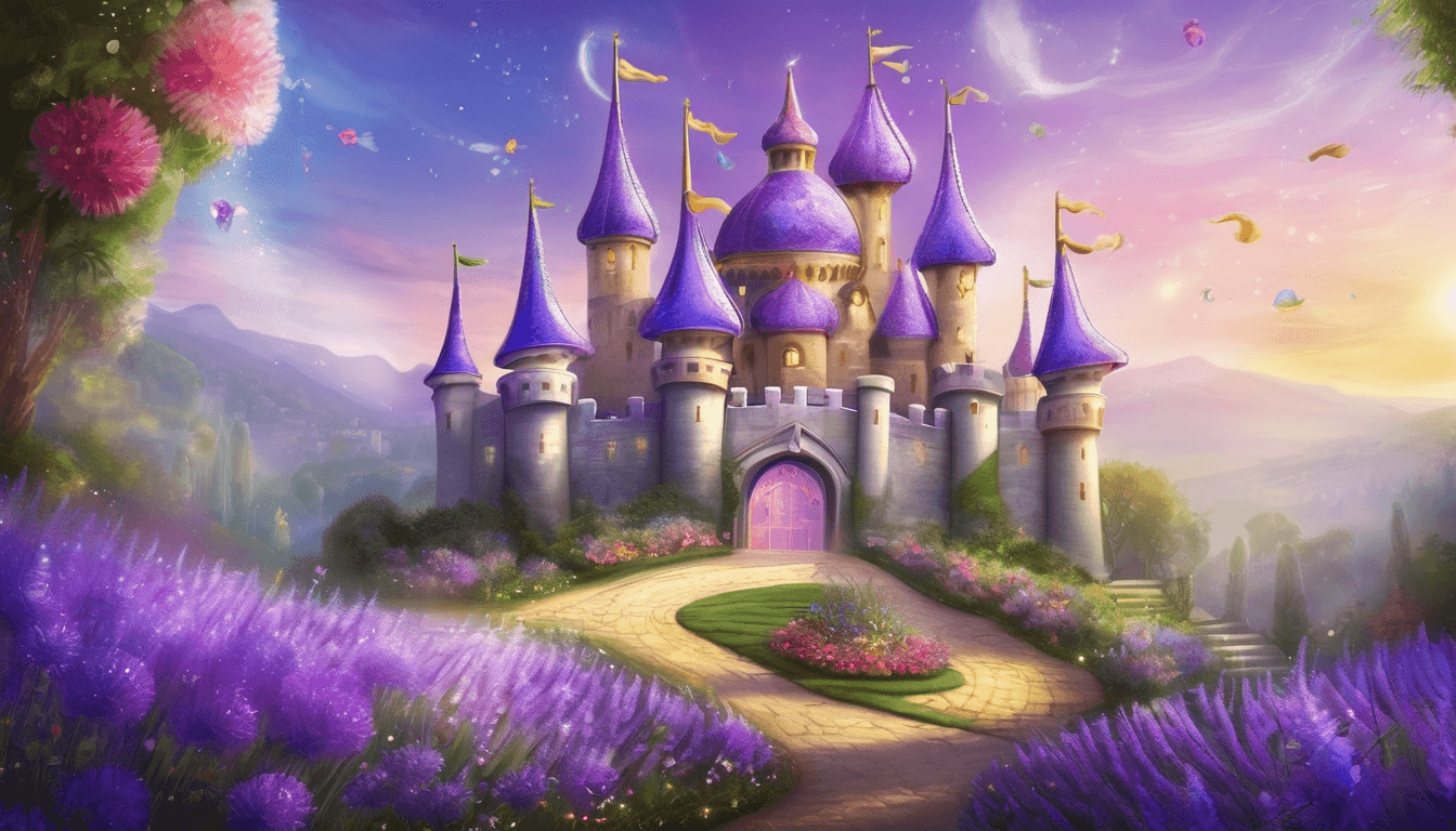 Lavender castle with floating teacups, oversized dandelions, and sparkling gardens.