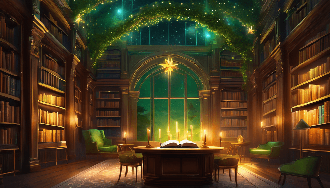 A glowing green book with golden vines on a table in a magical library, with swirling light and storybook elements emerging.
