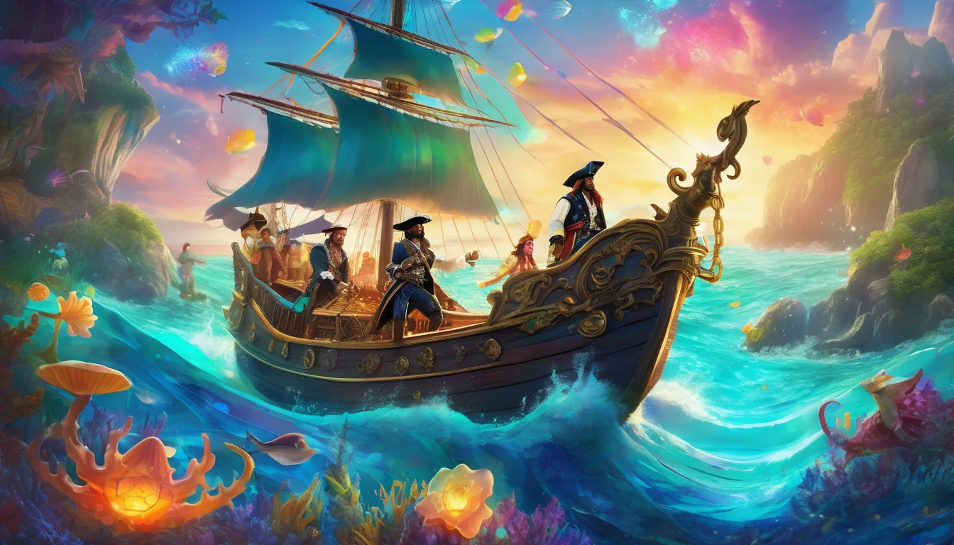 Cheerful pirate crew on a colorful ship with a friendly dragon and glowing underwater treasure.