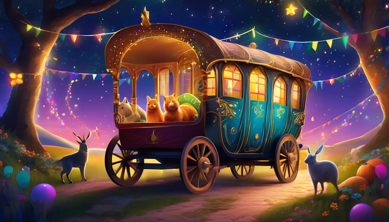 A magical wagon travels a starlit path with animals dancing, playing music, and sharing treats.