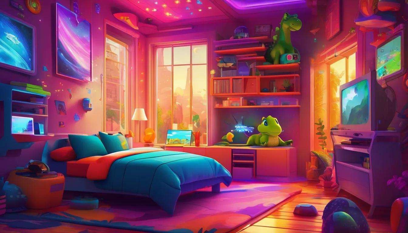 Bedroom with video game worlds on walls, bed as spaceship, robots and dinosaurs.