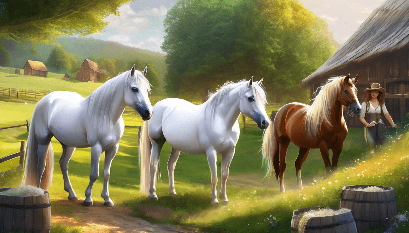 Unicorns in disguises mingle with horses in a stable surrounded by meadows.